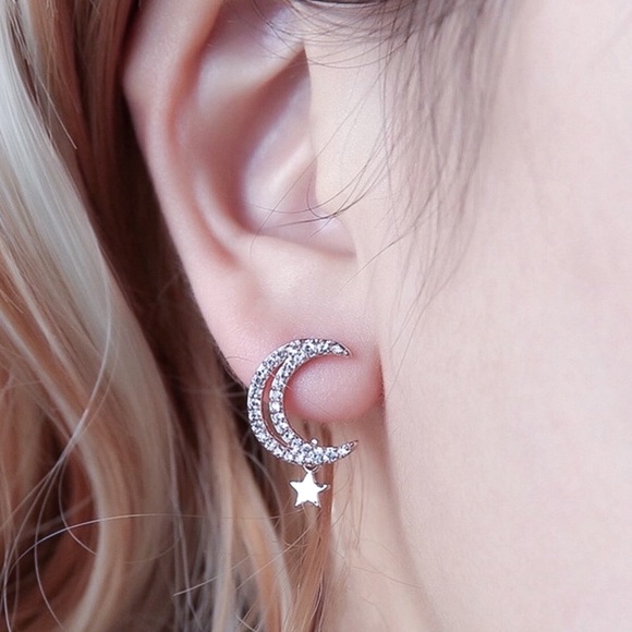 Jewelry - Delicate Silver Tone Moon & Dangling Star Earrings
